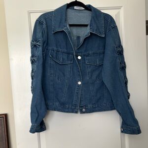 Classic Medium Blue Cropped Jean Jacket with Decorative Sleeves